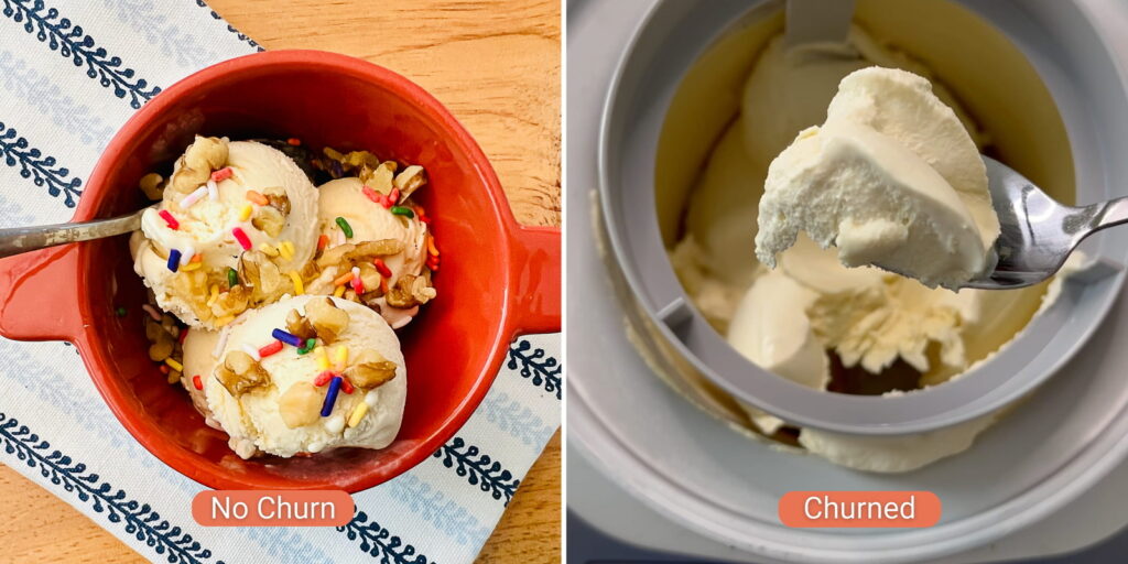 Side by side of churned maple ice cream vs. no churn maple ice cream.