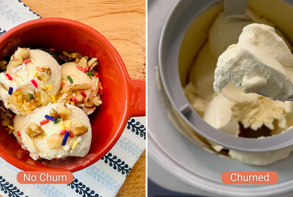 Side by side of churned maple ice cream vs. no churn maple ice cream.