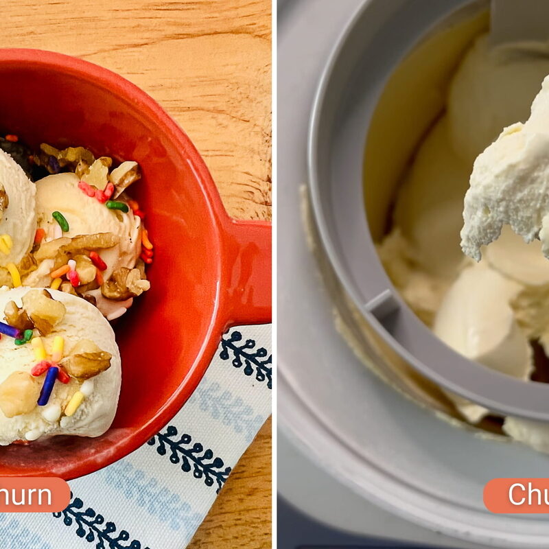 Side by side of churned maple ice cream vs. no churn maple ice cream.