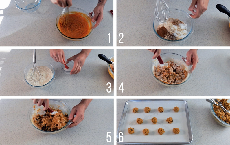 A collage of the first six steps of the recipe to make Pumpkin Oatmeal Chocolate Chip Cookies.