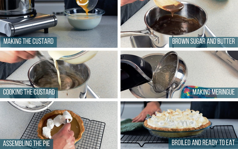 Pictured are visuals of six steps in making Butterscotch Meringue Pie. This includes steps to make the custard, prepare the meringue, and the final pie after it has been broiled.