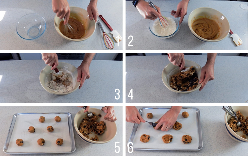 A collage of six images showing the steps of making Peanut Butter Chocolate Chip Cookies.