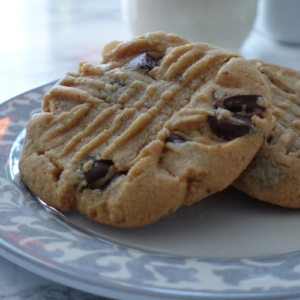 Peanut Butter Chocolate Chip Cookie presented on a plate.