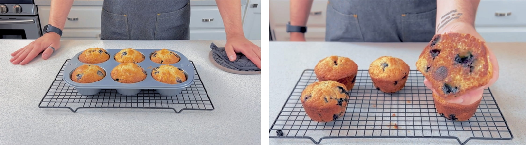 Image of blueberry muffins in a muffin pan fresh from oven and image of a grilled blueberry muffin.