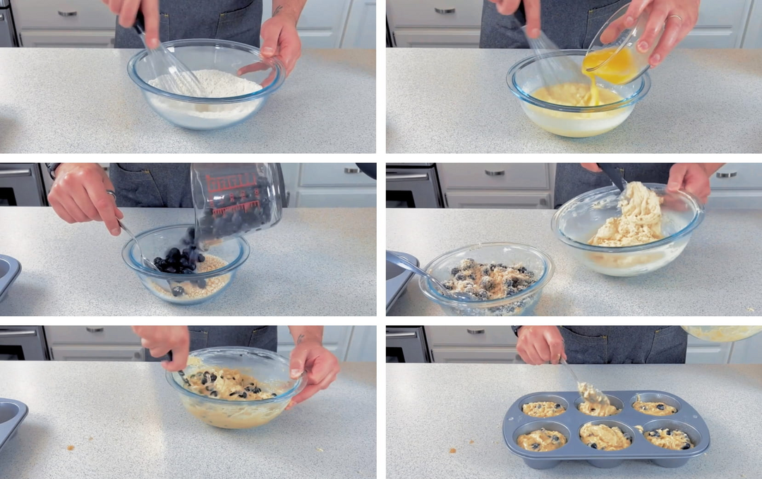 Each step in pictures to make blueberry muffins.