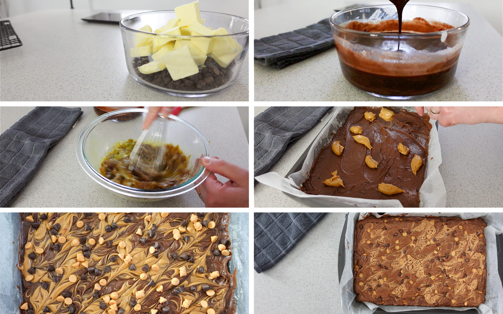 Visual of 6 steps to make chocolate fudge peanut butter brownies.