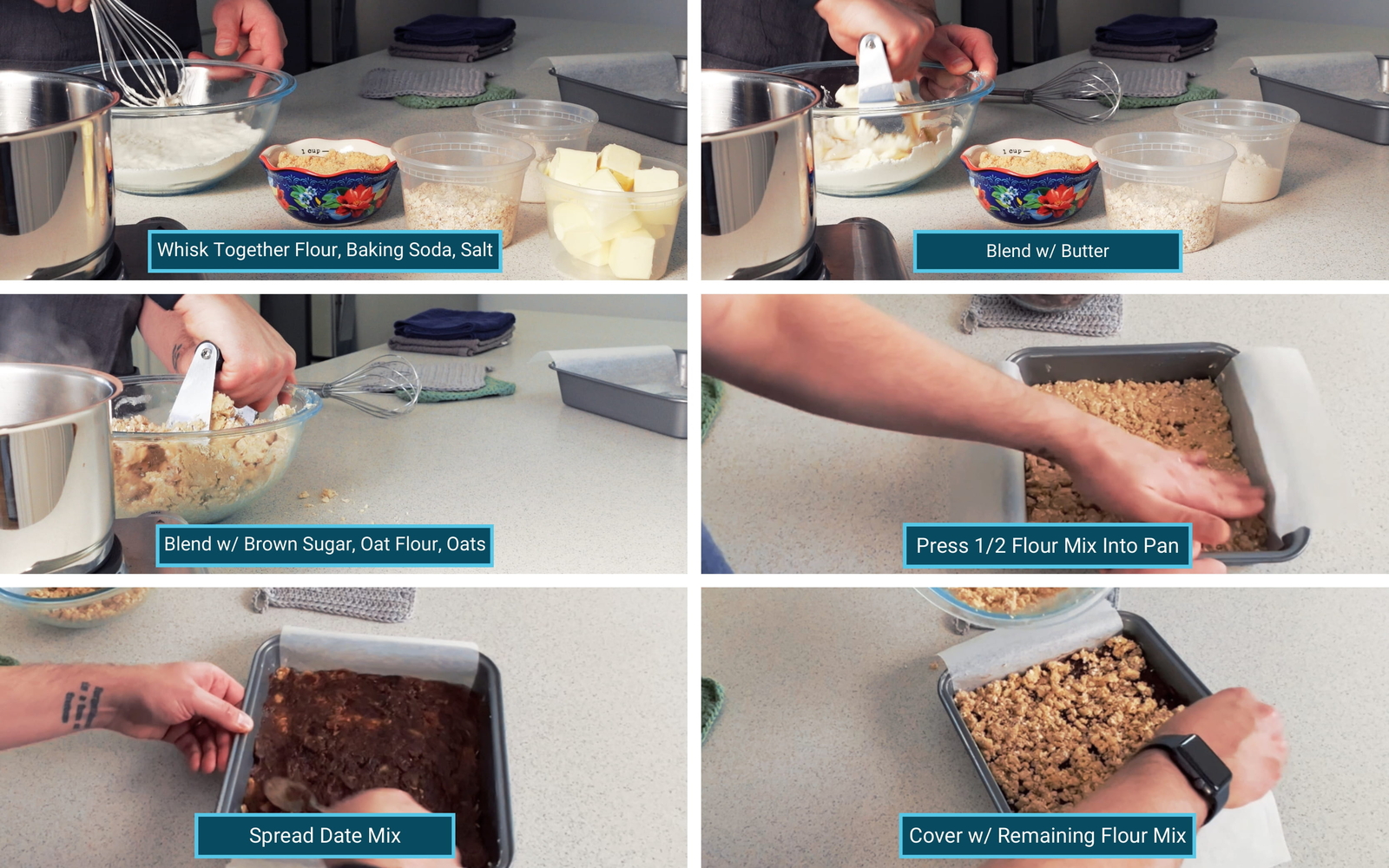 Collage of images of each step in the process to make this recipe for date squares.