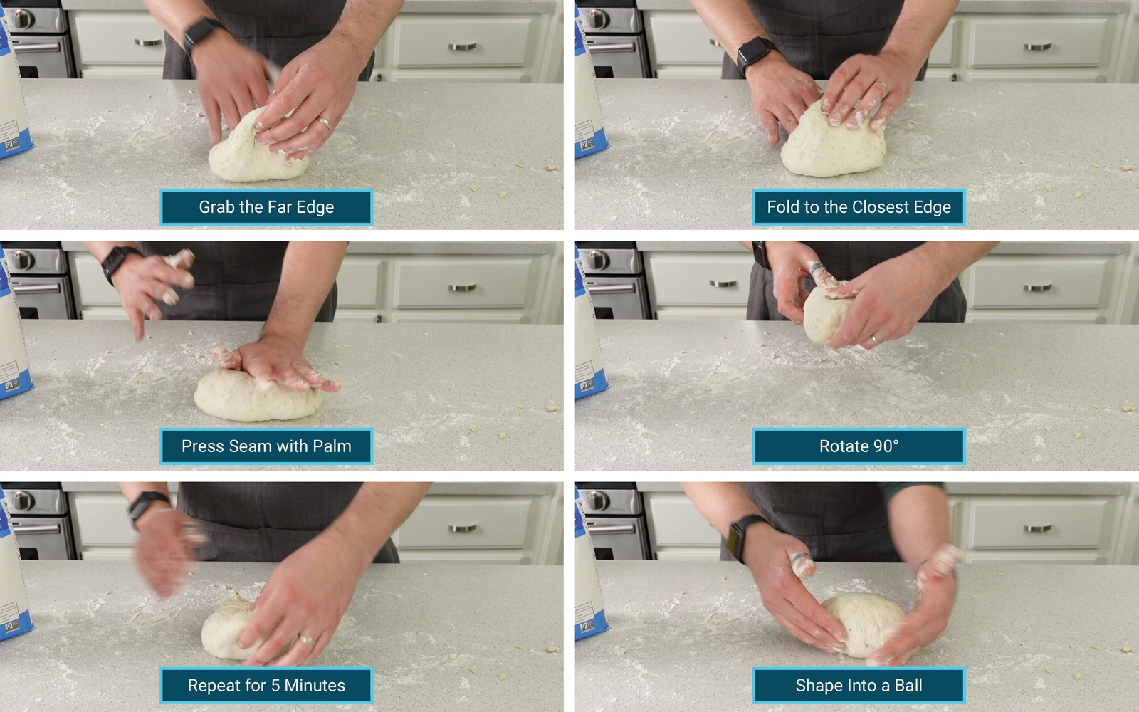 Steps showing how to knead pizza dough.