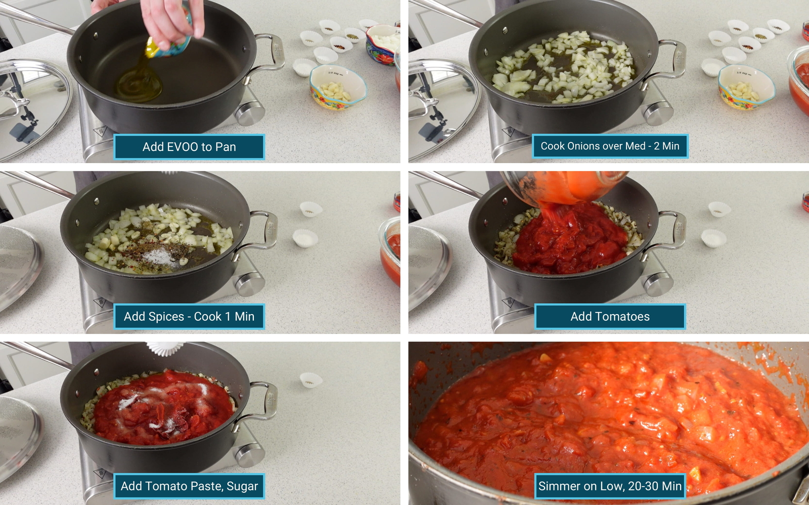 Steps showing how to make san marzano pizza sauce.