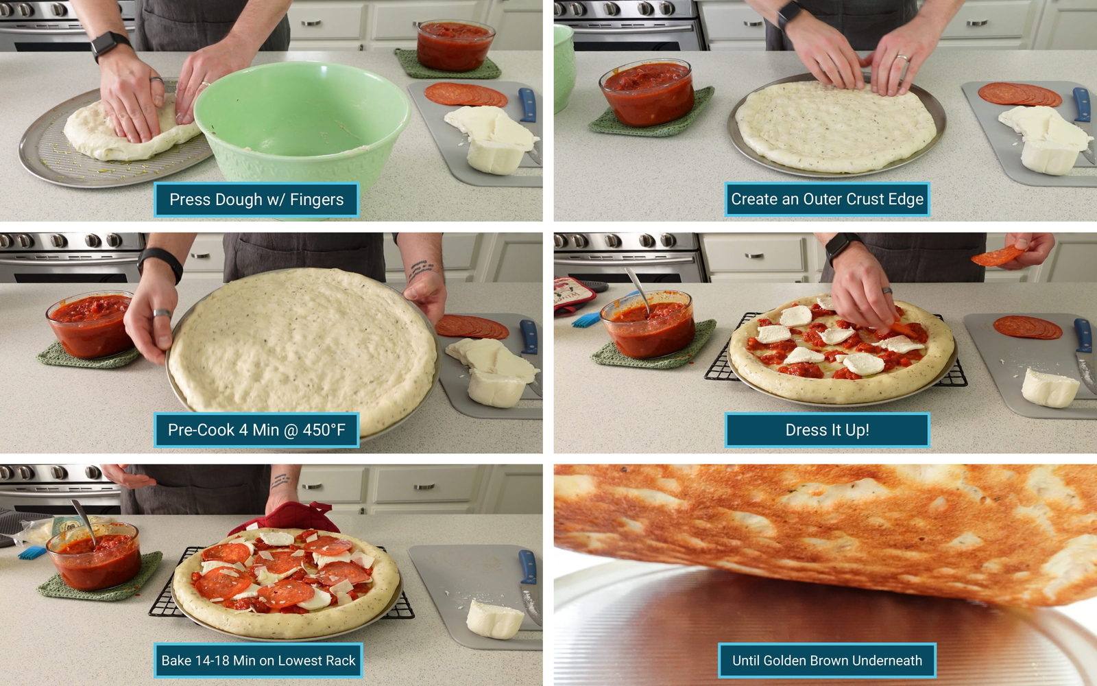 Steps showing how to prepare a pizza for the oven.