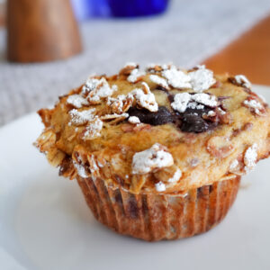 Cherry Muffin with Almond and Flaxseed on a white plate.