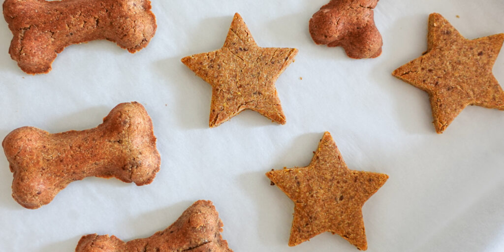 Peanut butter flaxseed cookies for dogs on a baking pan.