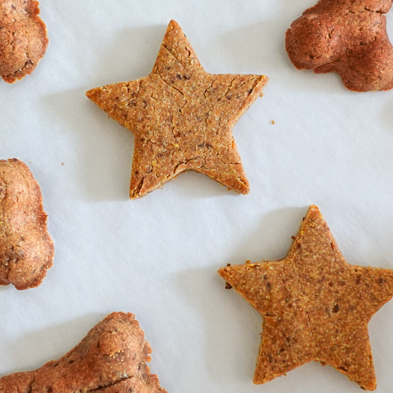 Peanut butter flaxseed cookies for dogs on a baking pan.