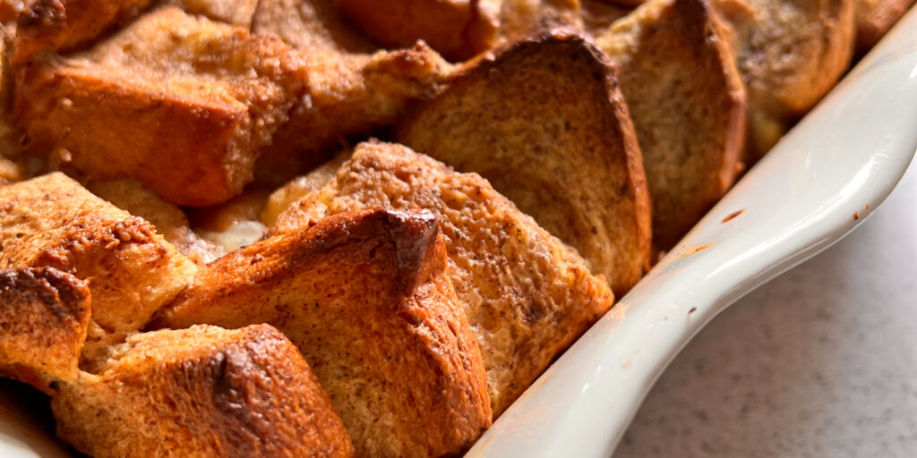 This is an up close image of the Monte Cristo French Toast Casserole with Brioche.