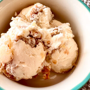 This is an image of no-churn apple crisp ice cream in a bowl.