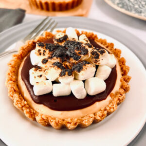 This is an image of a whole peanut butter s'mores tart on a plate.