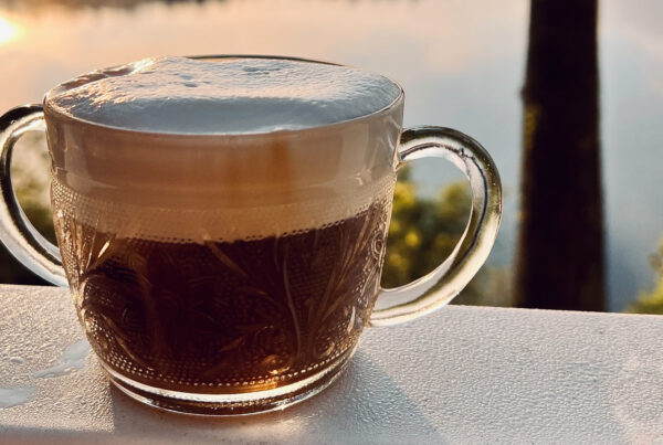 An image of cold brew in a cup on a white railing overlooking a water scene.