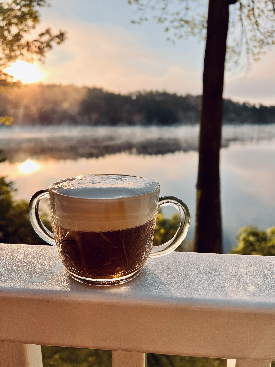 An image of cold brew in a cup on a white railing overlooking a water scene.