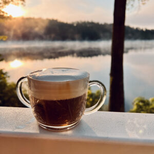 An image of cold brew in a cup on a white railing overlooking a water scene.