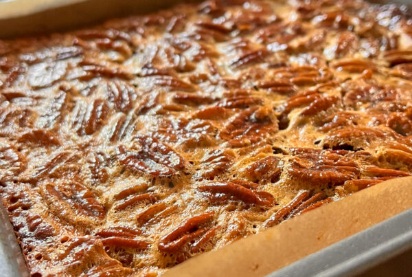 Closeup of Pecan Pie Bars still in the pan.
