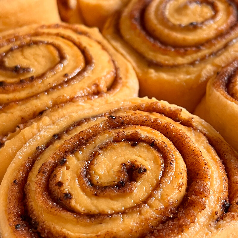 Closeup shot of pumpkin spice rolls without any icing on top.